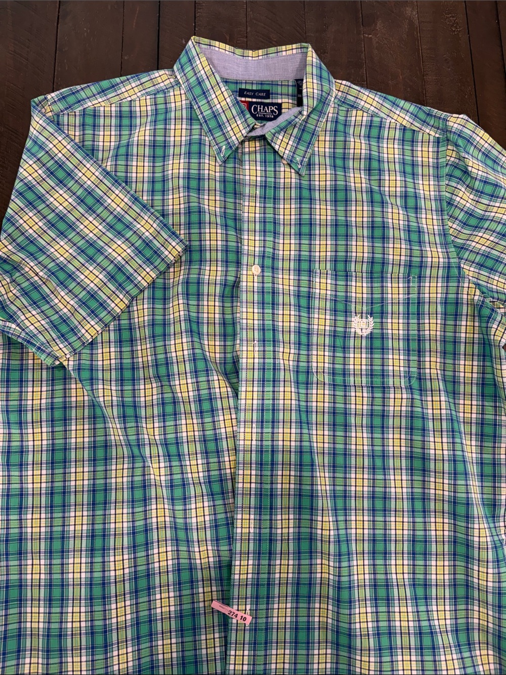 Chaps Short-Sleeve Plaid Button-Down Shirt in Blue, Green & Yellow